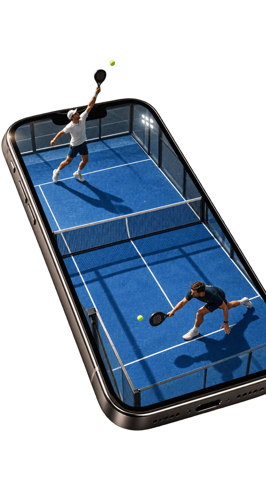 Smartphone dont l’écran montre une piste de padel, un joueur en sort pour smasher
