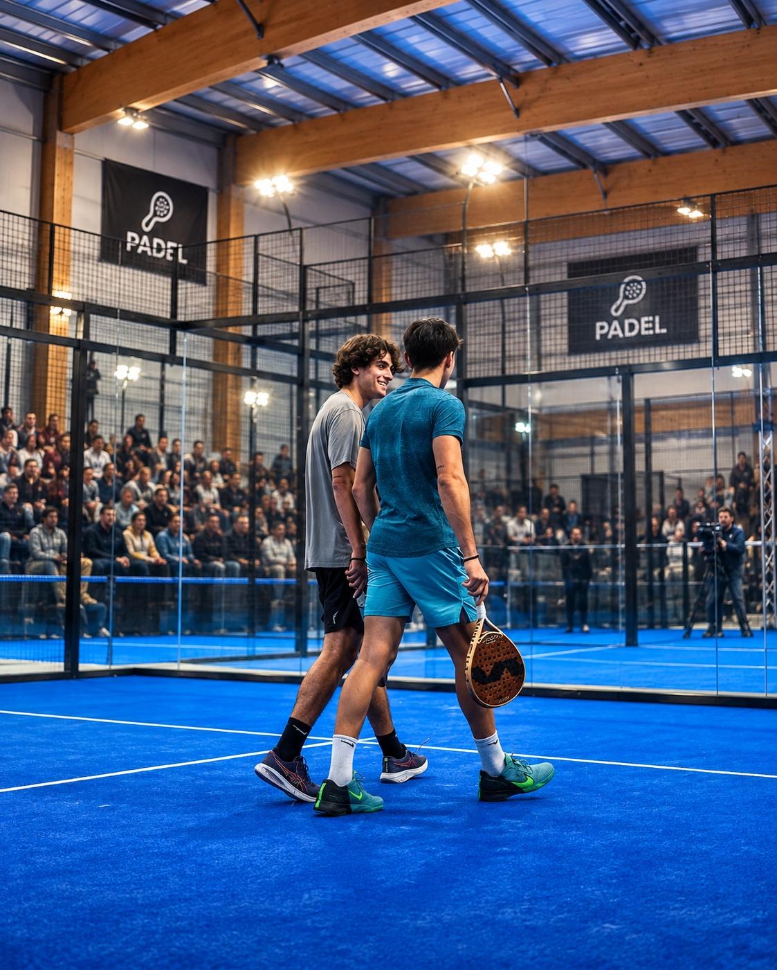 Joueurs de padel en match devant des tribunes pleines