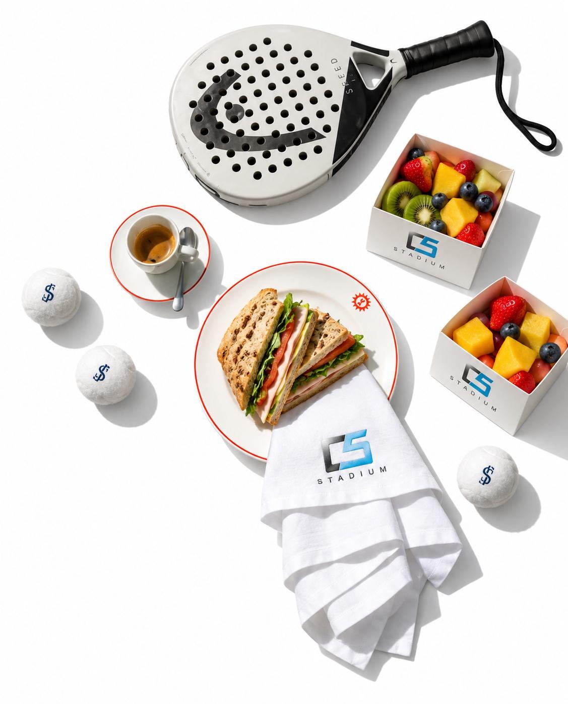 Repas du Sport Bar posé à côté d’une raquette de padel : sandwich, fruits et café